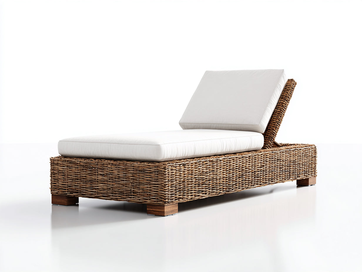 Sonnenliege aus Polyrattan und Massivholz 200 x 75 x 95 cm Naturbraun für Garten und Terrasse - Verstellbare Rückenlehne im modernen Lounge-Design