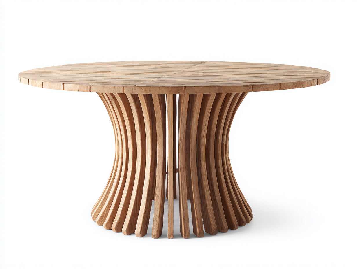 Gartentisch aus Holz 150 x 150 x 75 cm - Naturbraun - Rundes Design mit geschwungenem Lamellenfuß