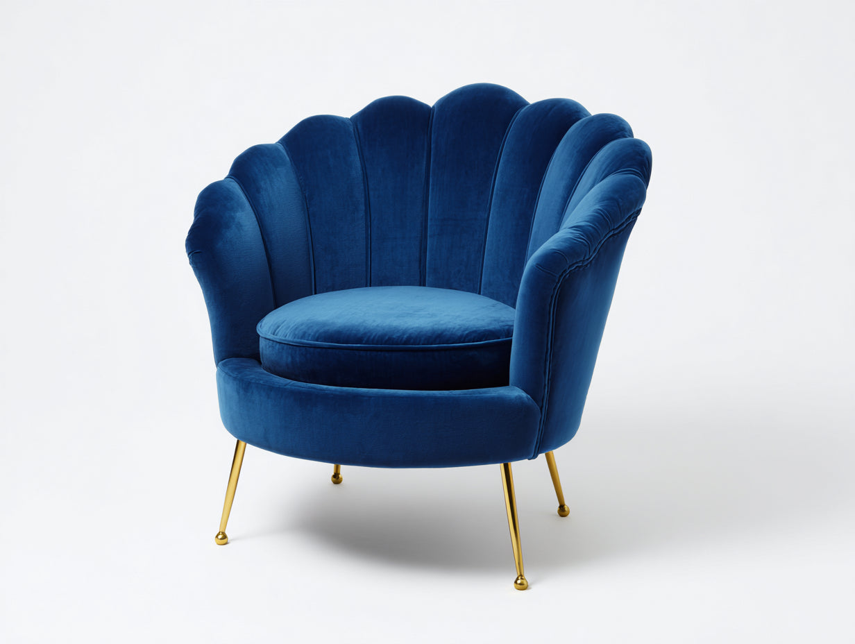 Sessel aus Samt und Metall 84 x 78 x 86 cm - Dunkelblau - Muscheldesign mit goldfarbenen Beinen