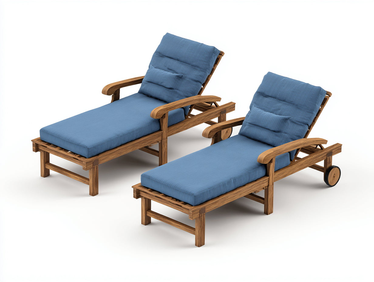 Sonnenliege im 2er Set aus Holz ca. 200 x 72 x 98 cm - Blau und Naturbraun - Verstellbare Rückenlehne mit Rollen - Klassisches Design
