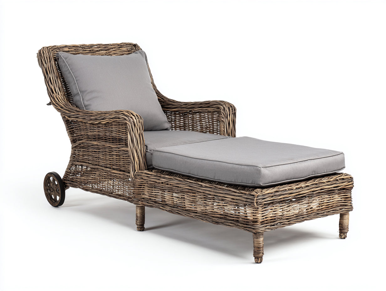 Sonnenliege aus Rattangeflecht 200 x 75 x 92 cm - Braun und Grau - Gepolstertes Design mit Rollen