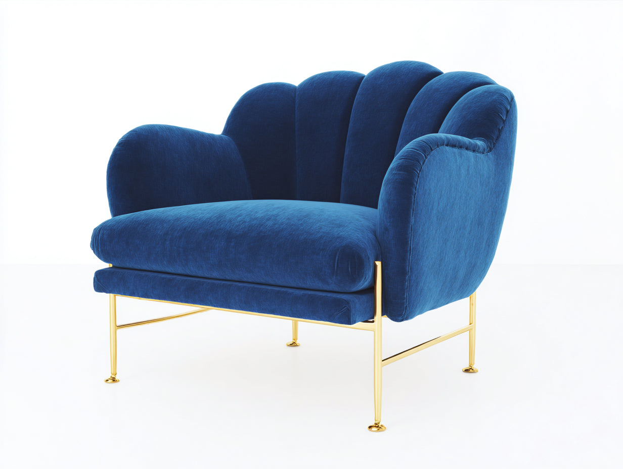 Sessel aus Samtstoff und Metall 90 x 82 x 84 cm Königsblau Gold für Wohnzimmer - Gepolstertes Muschel-Design