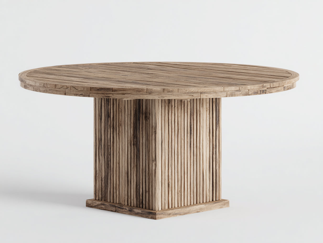 Runder Gartentisch aus Holz ca. 140 x 140 x 75 cm - Hellbraun - Geriffelter Säulensockel - Rustikales Design