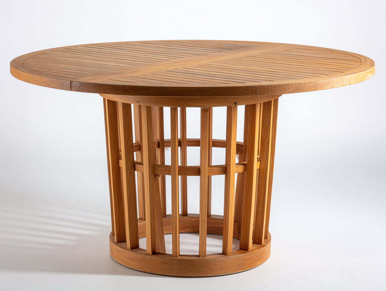 Runder Gartentisch aus Holz ca. 120 x 120 x 75 cm - Naturbraun - Offener Lamellensockel - Modernes Design