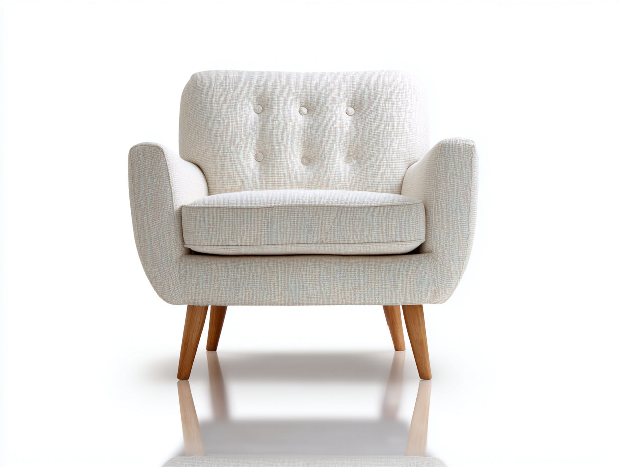 Sessel mit Knopfheftung - Strukturstoff und Holzfüße - 88 x 82 x 86 cm - Cremeweiß und Natur - Gepolsterter Loungesessel im Retro-Stil