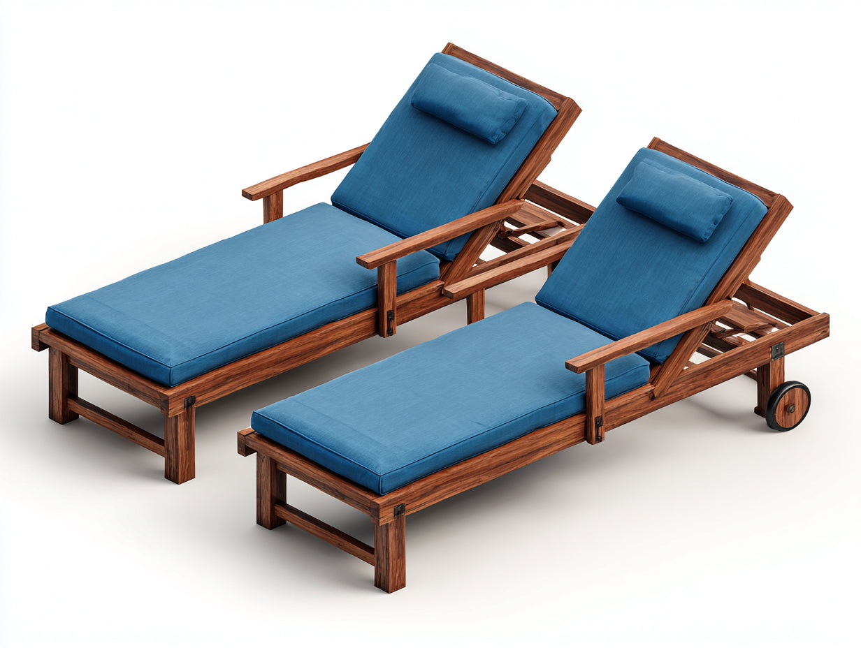 Sonnenliege im 2er-Set mit verstellbarer Rückenlehne - Holzrahmen und Stoffpolsterung - 200 x 72 x 92 cm - Blau und Dunkelbraun - Gartenliege mit Armlehnen und Transportrollen