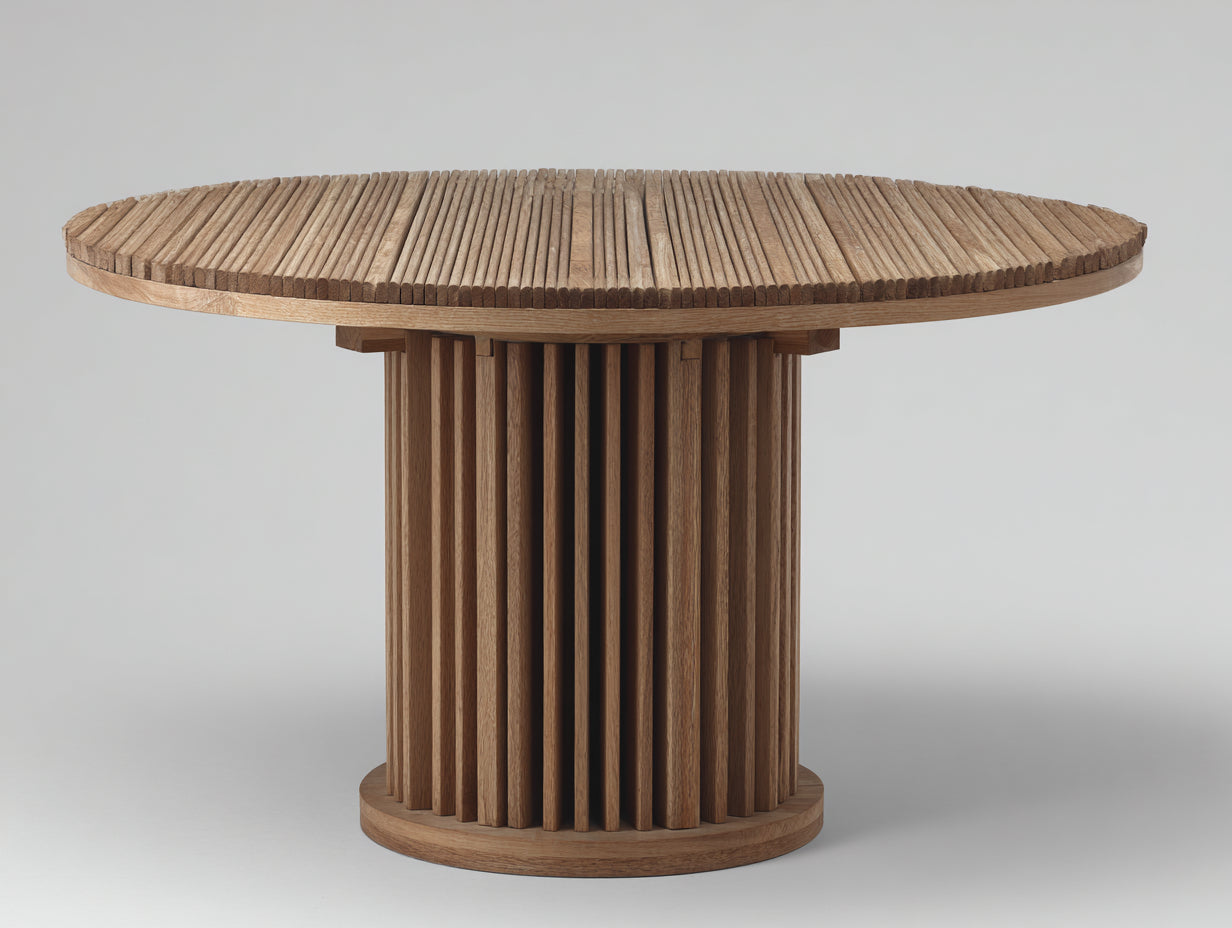 Gartentisch rund - Holz mit geschlossenem Lamellenfuß - 128 x 128 x 76 cm - Natur - Stabiler Säulentisch im rustikalen Design