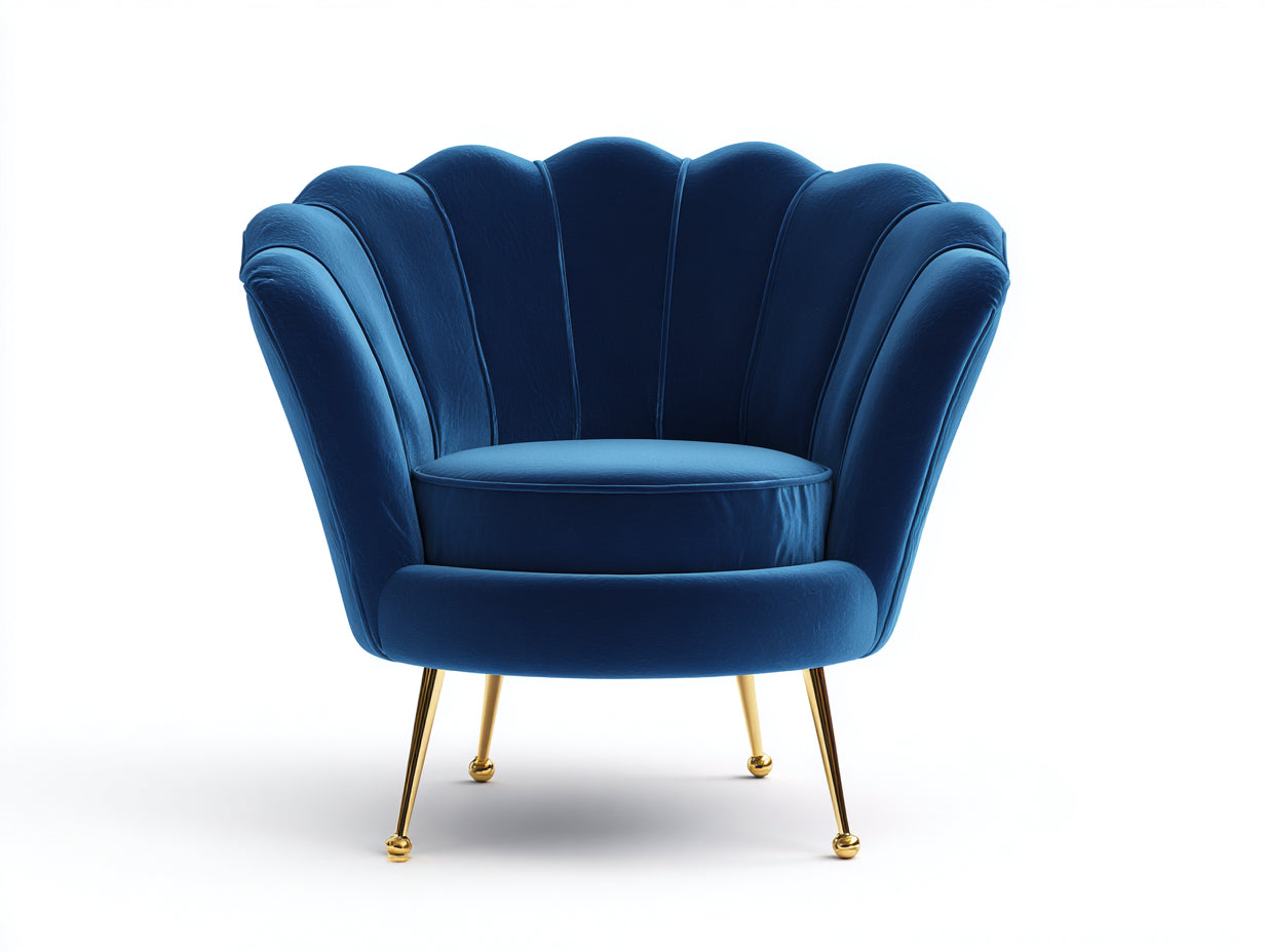 Sessel aus Samt und Metall 88 x 82 x 90 cm - Königsblau und Goldfarben - Gepolsterte Muschelform im Glamour Stil