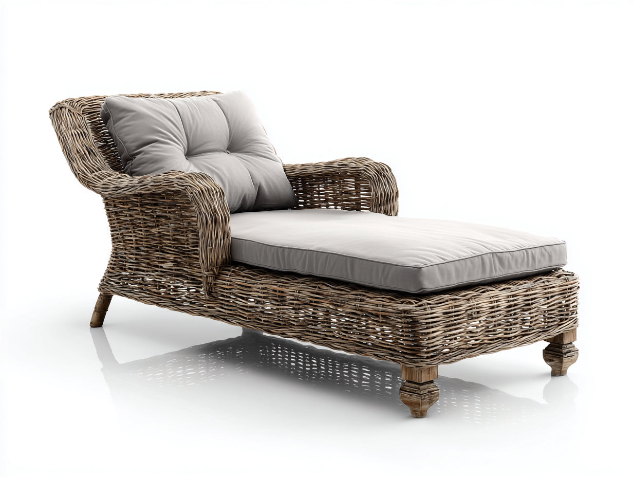 Sonnenliege mit Armlehnen - Polyrattan und Stoffpolsterung - 192 x 78 x 91 cm - Braun und Hellgrau - Gepolsterte Gartenliege im klassischen Design