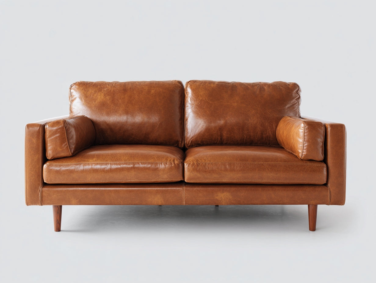Zweisitzer Sofa mit Bezug in Lederoptik ca. 190 x 91 x 85 cm - Cognacbraun und Holzbraun - Gepolsterte Armlehnen - Modernes Design
