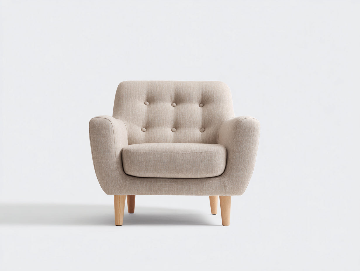 Sessel aus Strukturstoff und Massivholz 84 x 82 x 83 cm Beige Natur für Wohnzimmer - Gepolstertes Retro-Design mit Knopfheftung
