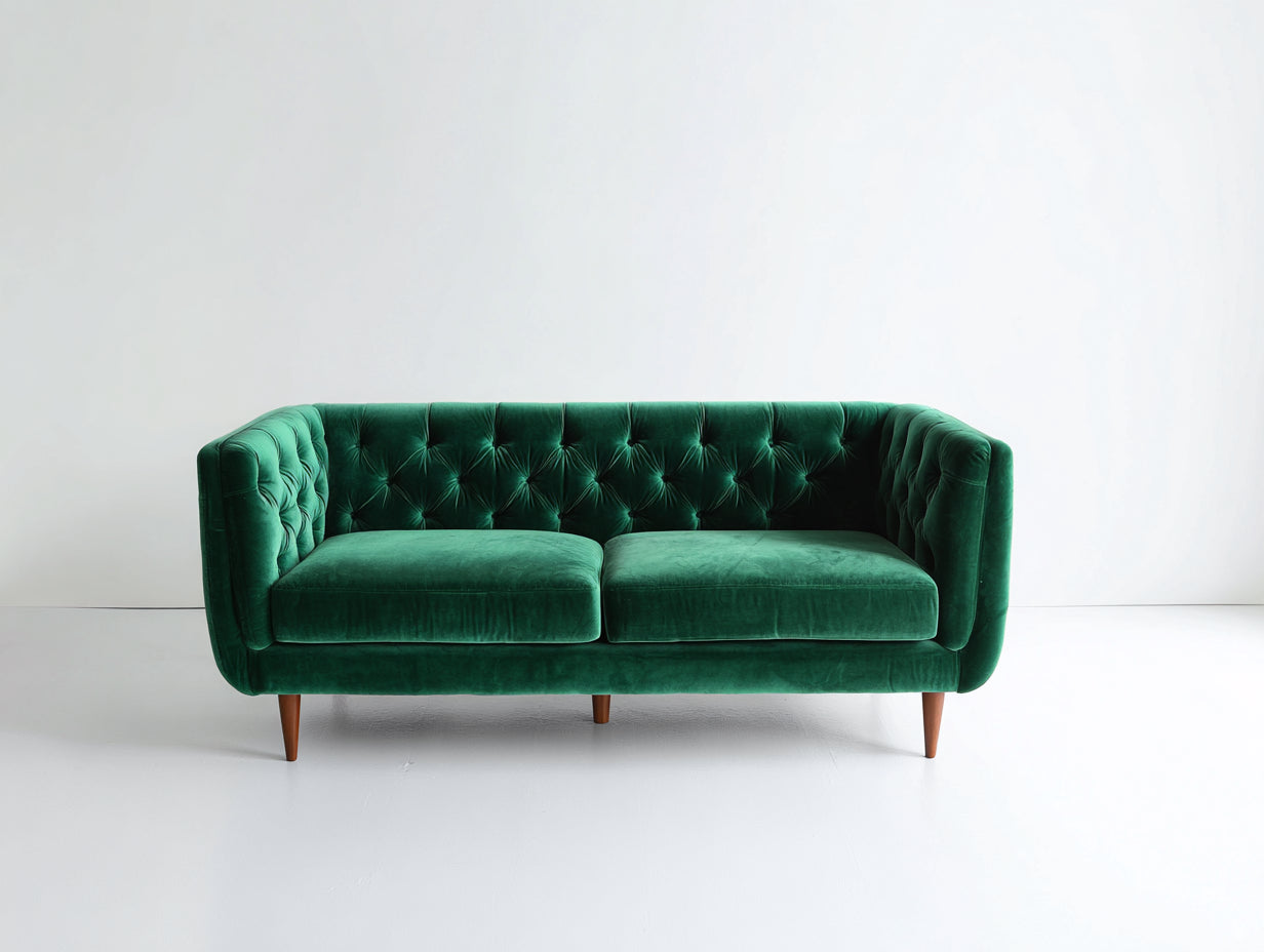 Zweisitzer Sofa mit Knopfheftung - Samtstoff und Holzfüße - 198 x 91 x 82 cm - Dunkelgrün - Gepolstertes Sofa im modernen Retro-Stil