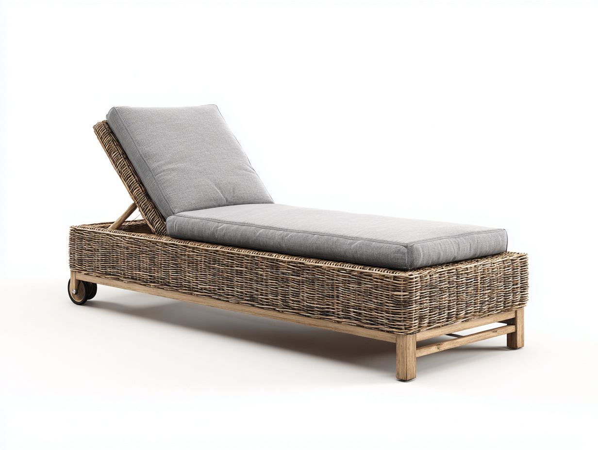 Sonnenliege mit Geflecht ca. 200 x 72 x 96 cm - Graubraun und Hellgrau - Verstellbare Rückenlehne mit Rollen - Natürliches Design