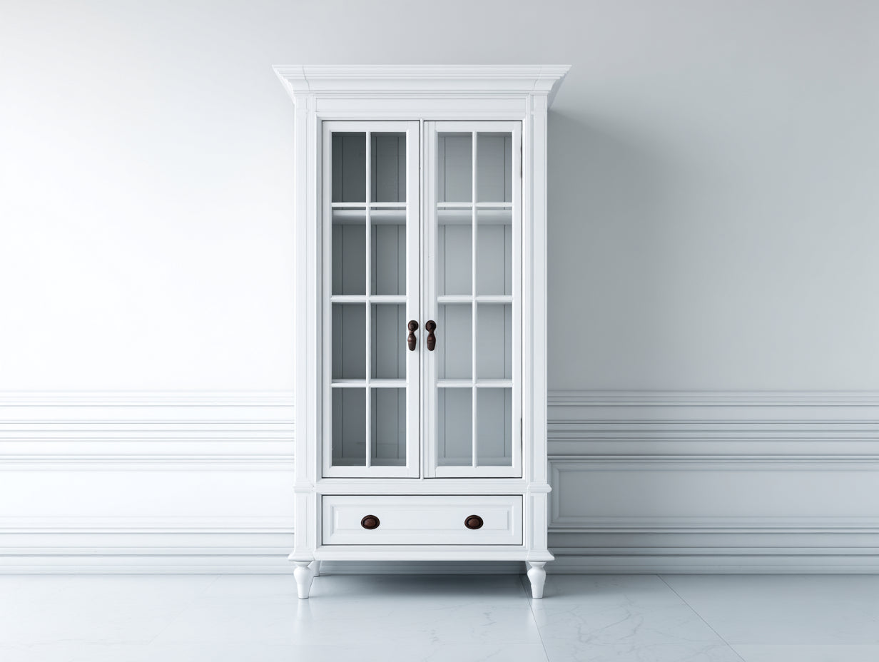 Vitrinen mit 2 Glastüren und 1 Schublade - Holzwerkstoff und Glas - 90 x 40 x 190 cm - Weiß - Standvitrine im Landhausstil