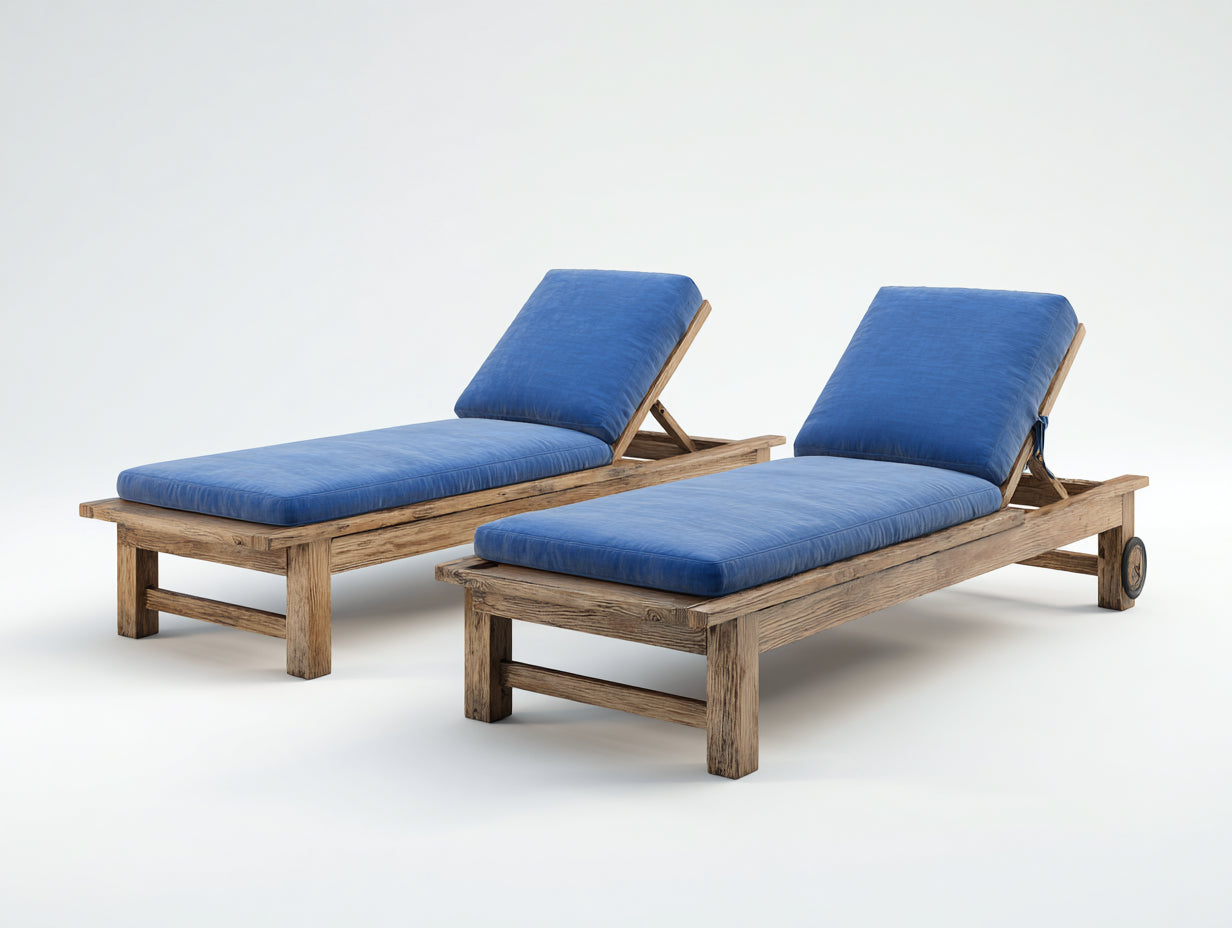 Sonnenliege 2er-Set aus Holz und Webstoff 200 x 70 x 34 cm - Blau und Naturbraun - Verstellbare Rückenlehne mit Rollen