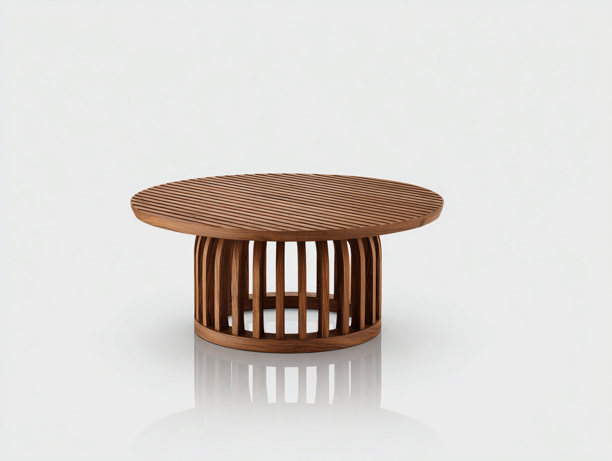 Gartentisch rund - Holz mit gebogenem Lamellenfuß - 115 x 115 x 48 cm - Dunkelbraun - Niedriger Loungetisch im modernen Design