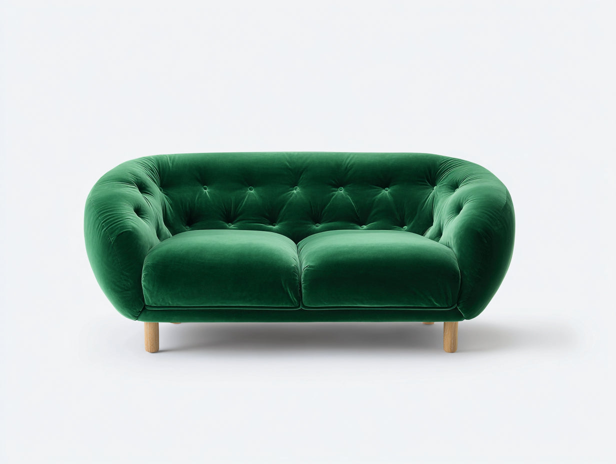 Zweisitzer Sofa aus Samt und Holz 185 x 92 x 82 cm - Smaragdgrün und Naturholz - Gepolstertes Runddesign mit Knopfheftung
