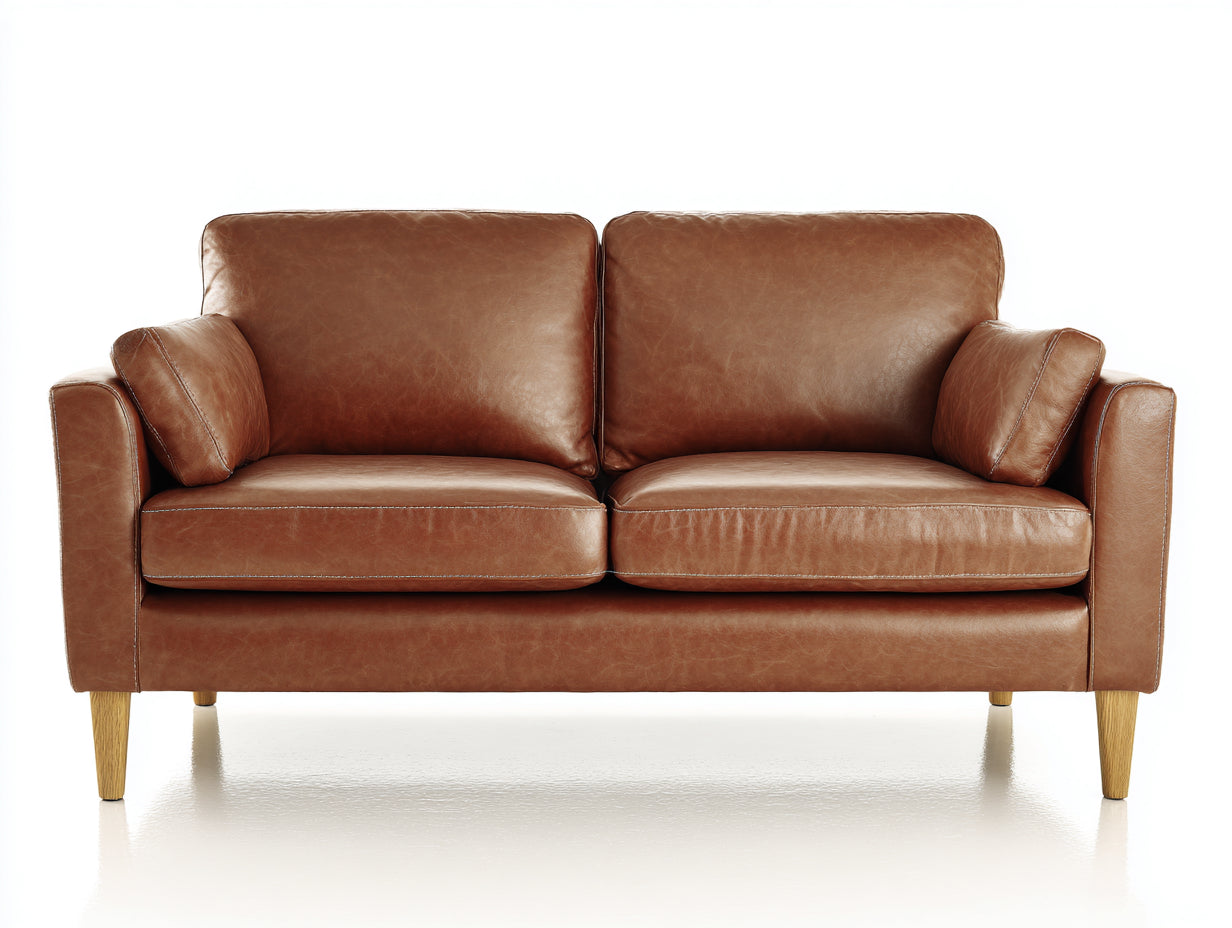Zweisitzer Sofa mit breiten Armlehnen - Kunstleder in Vintage-Optik und Holzfüße - 188 x 92 x 86 cm - Cognacbraun - Gepolstertes Sofa im modernen Retro-Stil