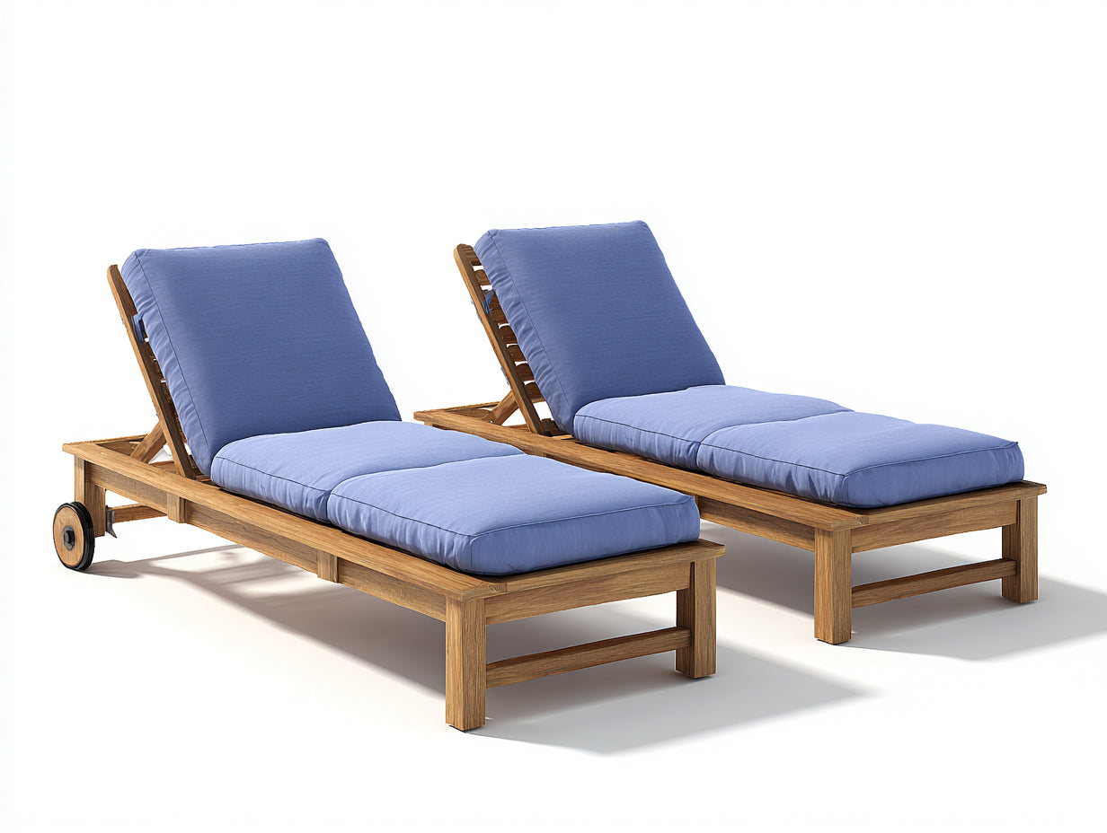 Sonnenliege im 2er-Set mit verstellbarer Rückenlehne - Holzrahmen und Stoffpolsterung - 198 x 68 x 89 cm - Blau und Natur - Gartenliege mit Transportrollen