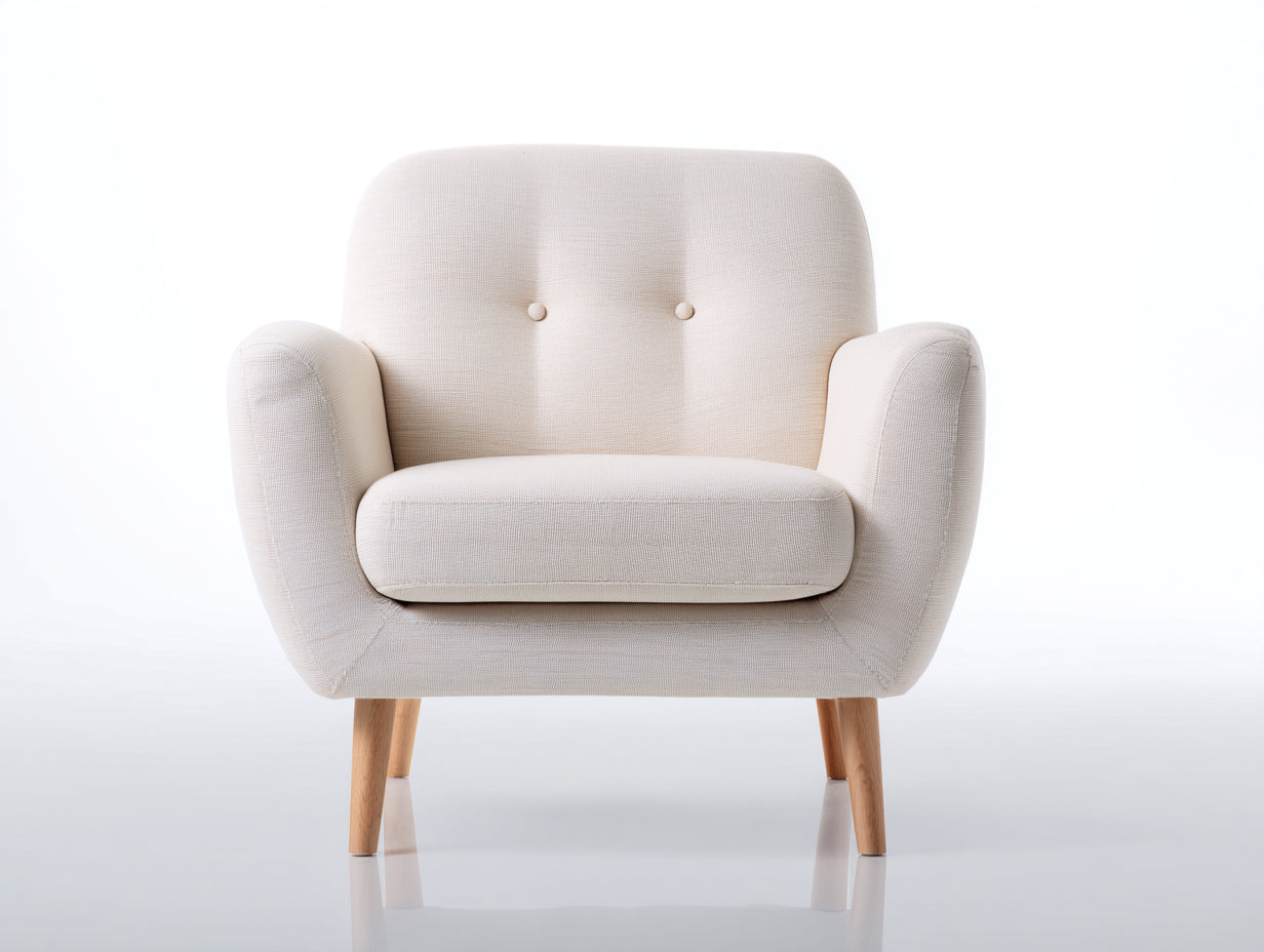 Sessel mit Knopfheftung - Strukturstoff und Holzfüße - 86 x 80 x 85 cm - Cremeweiß und Natur - Gepolsterter Loungesessel im zeitlosen Retro-Stil
